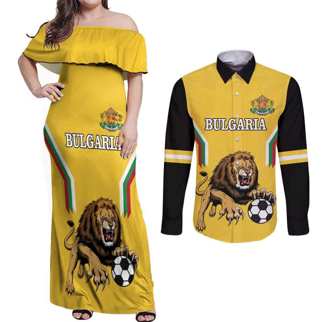 Custom Bulgaria Football Couples Matching Off Shoulder Maxi Dress and Long Sleeve Button Shirt The Lions Come Champions Yellow Version