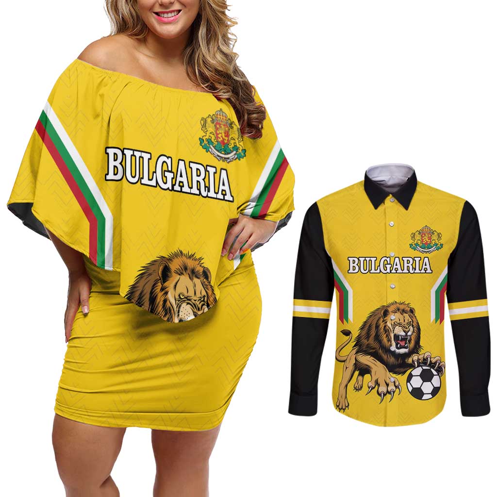 Custom Bulgaria Football Couples Matching Off Shoulder Short Dress and Long Sleeve Button Shirt The Lions Come Champions Yellow Version