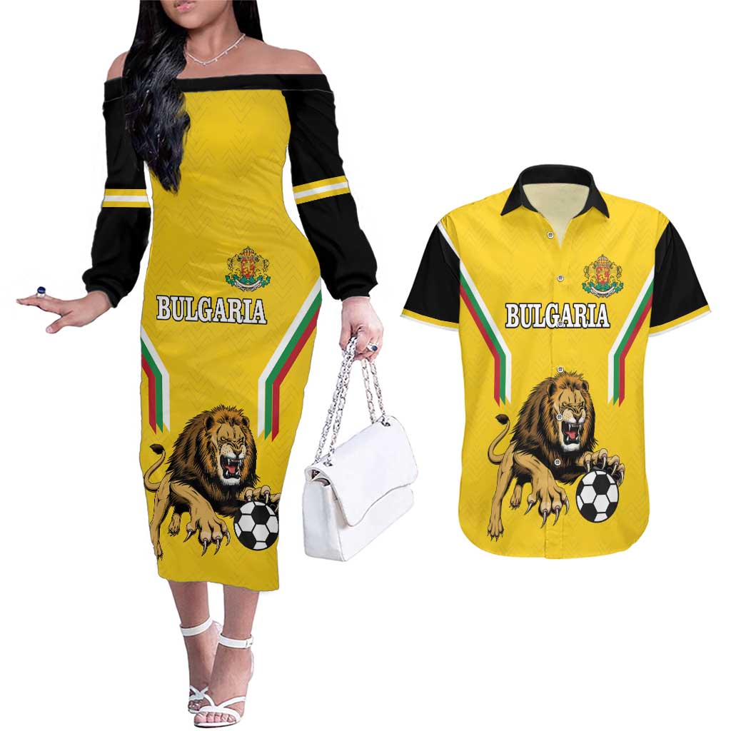 Custom Bulgaria Football Couples Matching Off The Shoulder Long Sleeve Dress and Hawaiian Shirt The Lions Come Champions Yellow Version