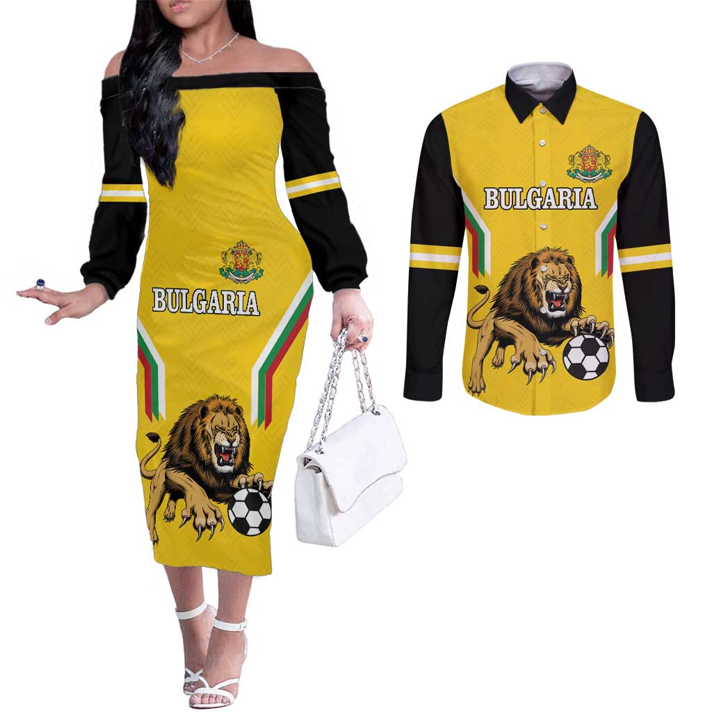 Custom Bulgaria Football Couples Matching Off The Shoulder Long Sleeve Dress and Long Sleeve Button Shirt The Lions Come Champions Yellow Version