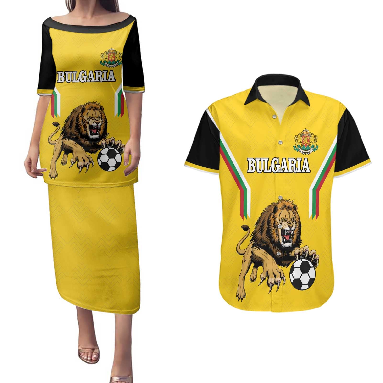 Custom Bulgaria Football Couples Matching Puletasi and Hawaiian Shirt The Lions Come Champions Yellow Version