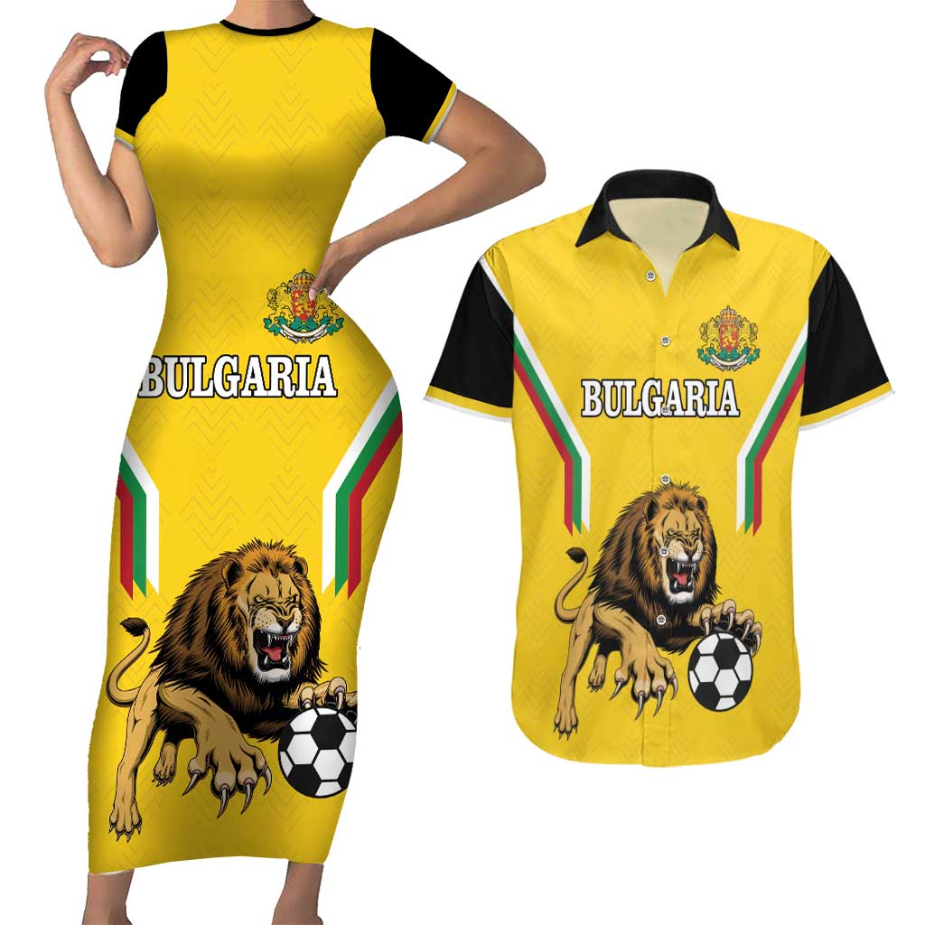 Custom Bulgaria Football Couples Matching Short Sleeve Bodycon Dress and Hawaiian Shirt The Lions Come Champions Yellow Version