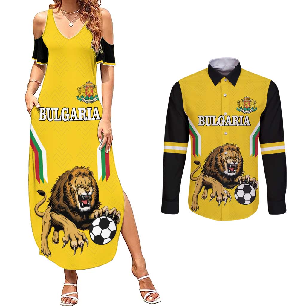 Custom Bulgaria Football Couples Matching Summer Maxi Dress and Long Sleeve Button Shirt The Lions Come Champions Yellow Version