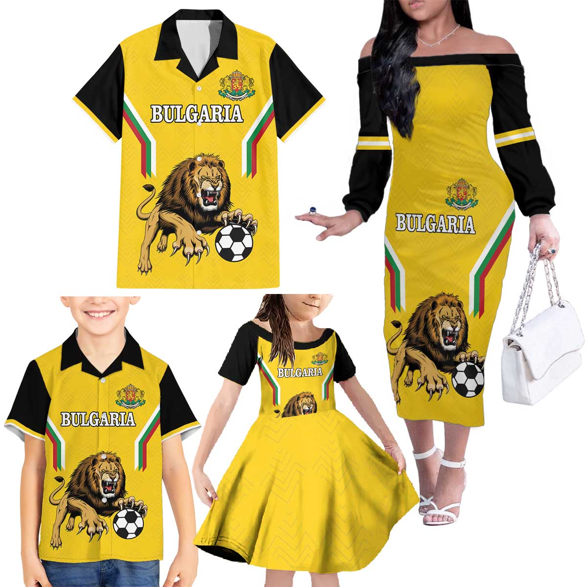 Custom Bulgaria Football Family Matching Off The Shoulder Long Sleeve Dress and Hawaiian Shirt The Lions Come Champions Yellow Version