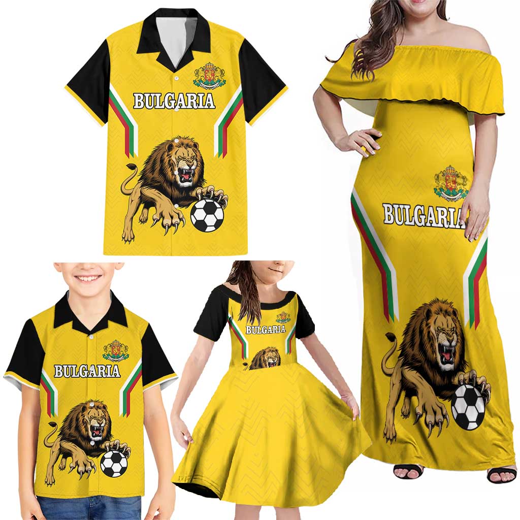 Custom Bulgaria Football Family Matching Off Shoulder Maxi Dress and Hawaiian Shirt The Lions Come Champions Yellow Version