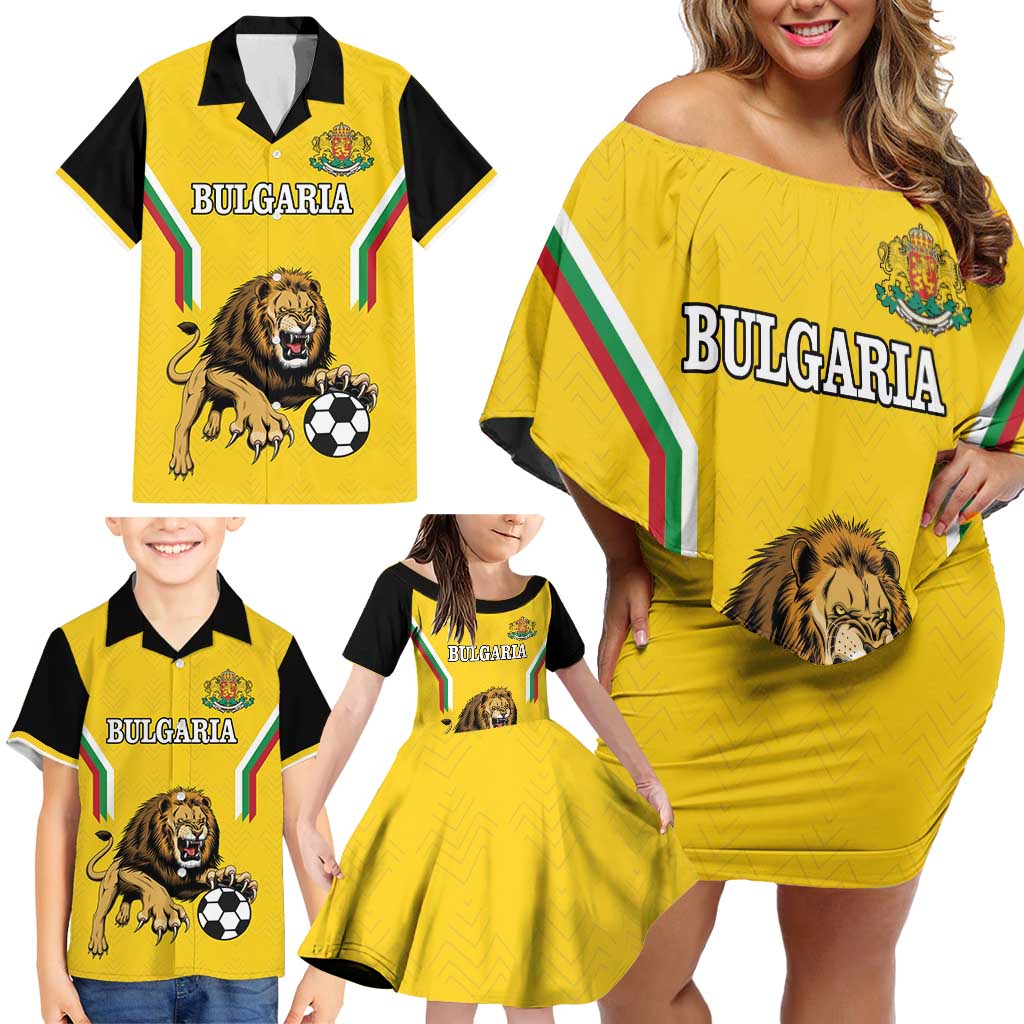 Custom Bulgaria Football Family Matching Off Shoulder Short Dress and Hawaiian Shirt The Lions Come Champions Yellow Version