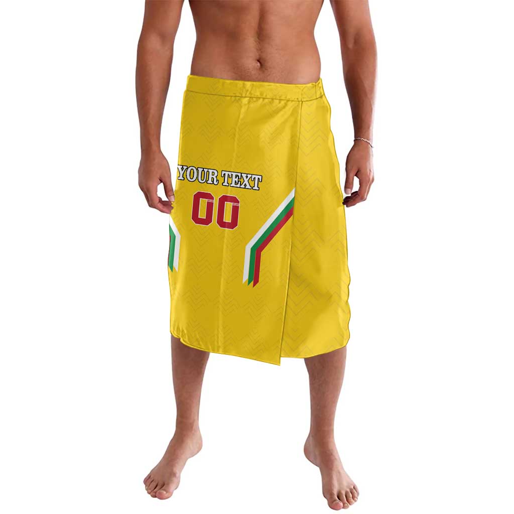 Yellow lavalava shorts with large front number and text graphic panel