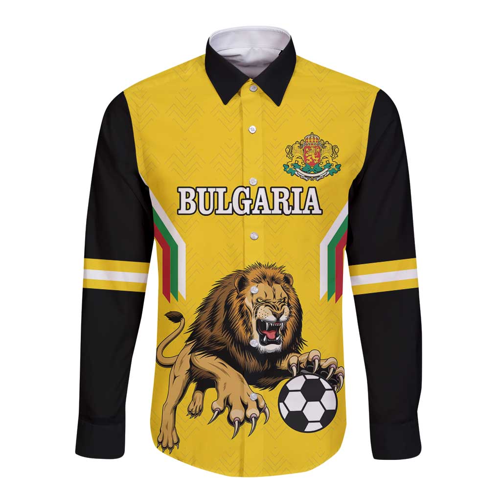 Yellow long-sleeve button football shirt with crest and lion graphic, black sleeves