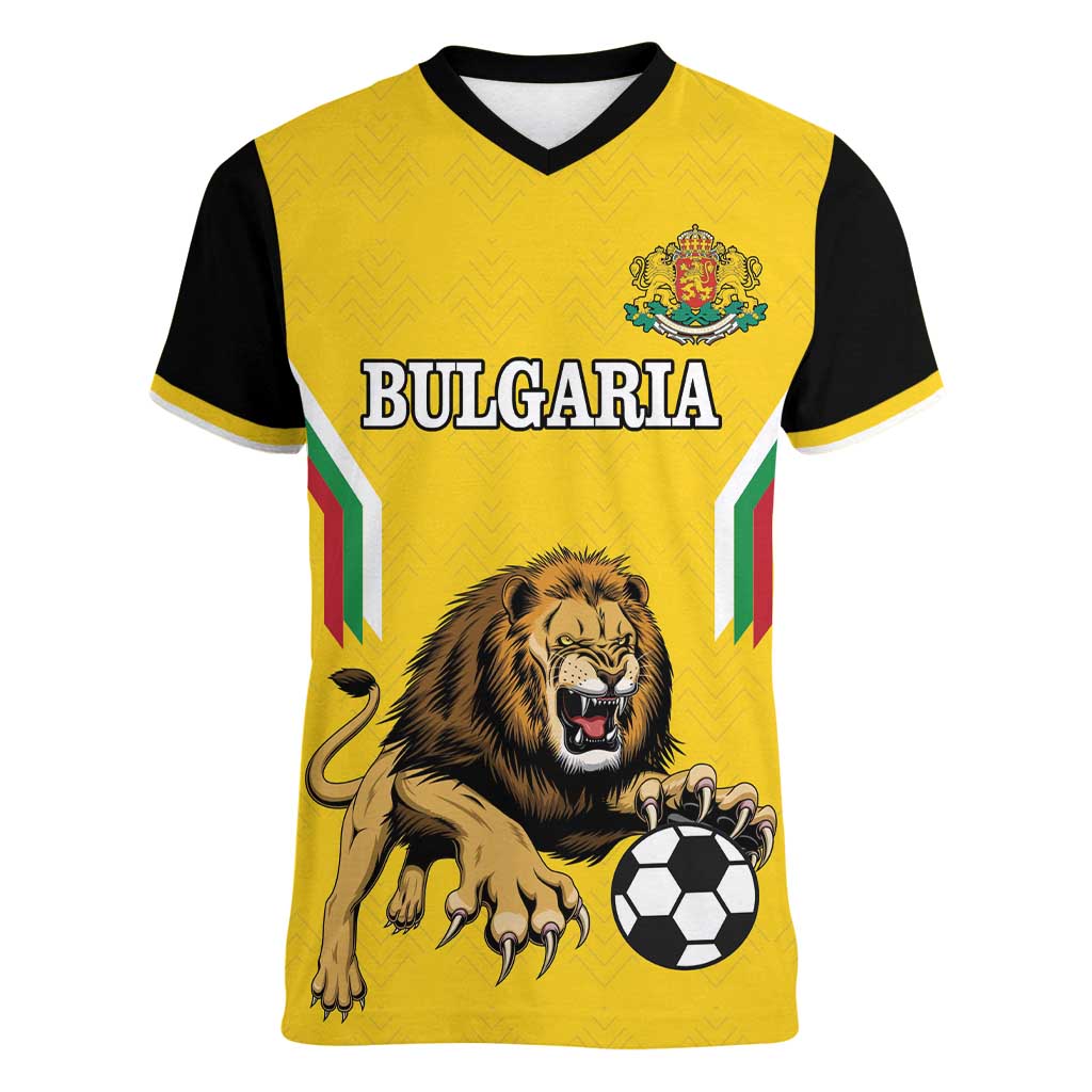 Custom Bulgaria Football Women V-Neck T-Shirt The Lions Come Champions Yellow Version - Wonder Print Shop