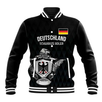 Black baseball jacket with striped ribbed collar and hem; Deutschland text and eagle skull graphic
