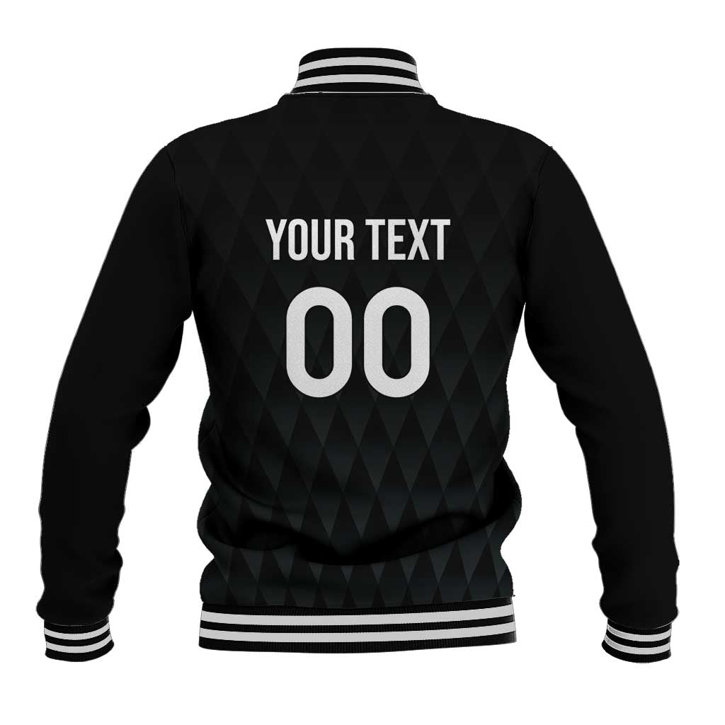 Black baseball jacket with striped ribbed collar, cuffs, and hem; 'YOUR TEXT 00' on back