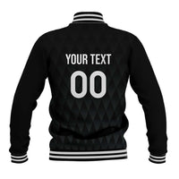 Black baseball jacket with striped ribbed collar, cuffs, and hem; 'YOUR TEXT 00' on back