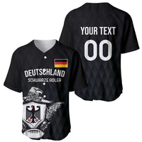 Black baseball rugby jersey showing front eagle crest and back 'YOUR TEXT' '00'