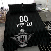 Black bedding set with two pillows; eagle crest and “00 YOUR TEXT” on duvet center.