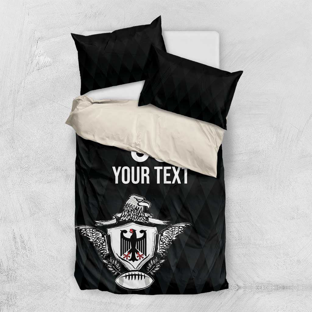 Black bedding set with two pillows; eagle crest under “YOUR TEXT” on duvet.