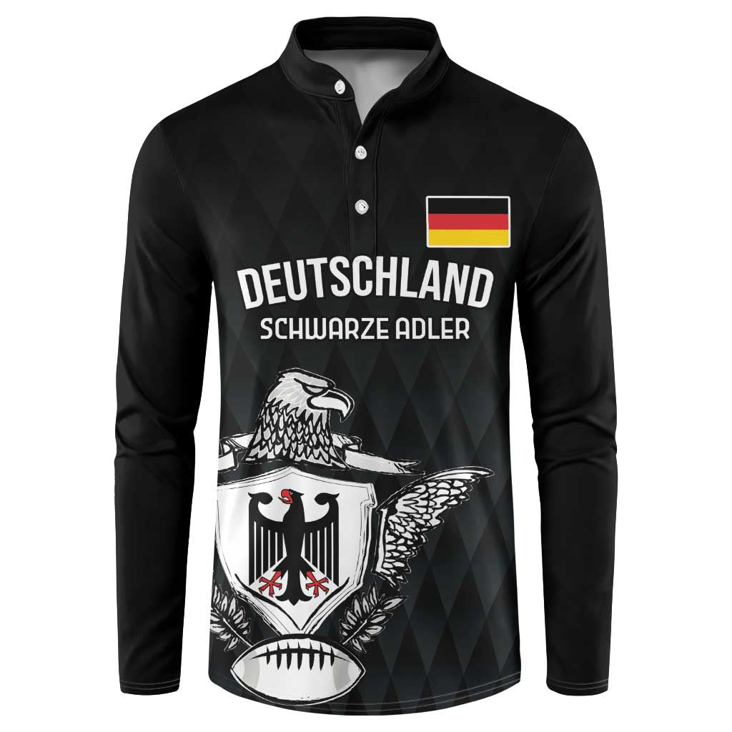 Black rugby button sweatshirt with Deutschland Schwarze Adler front graphic