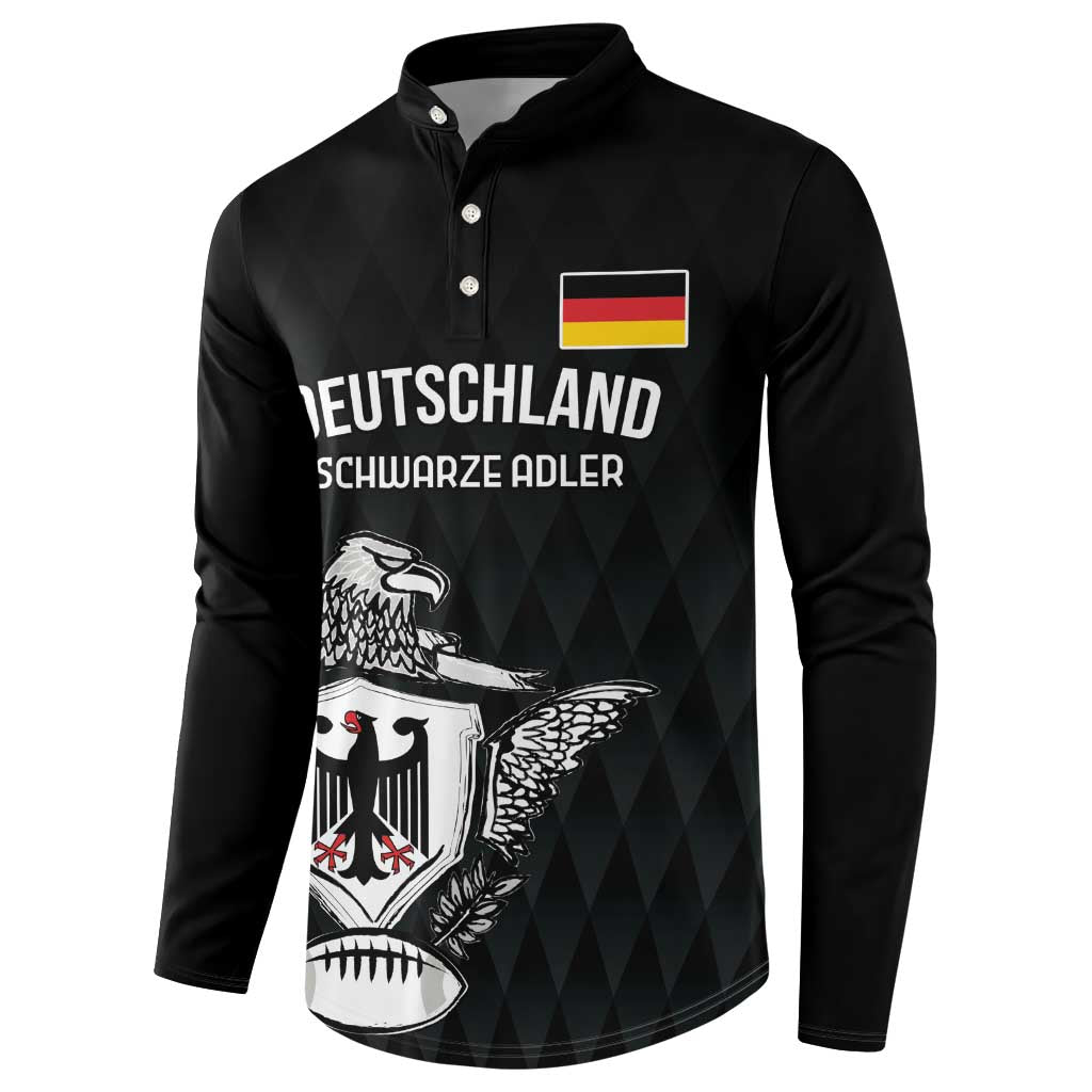 Black rugby button sweatshirt with Deutschland crest graphic on front