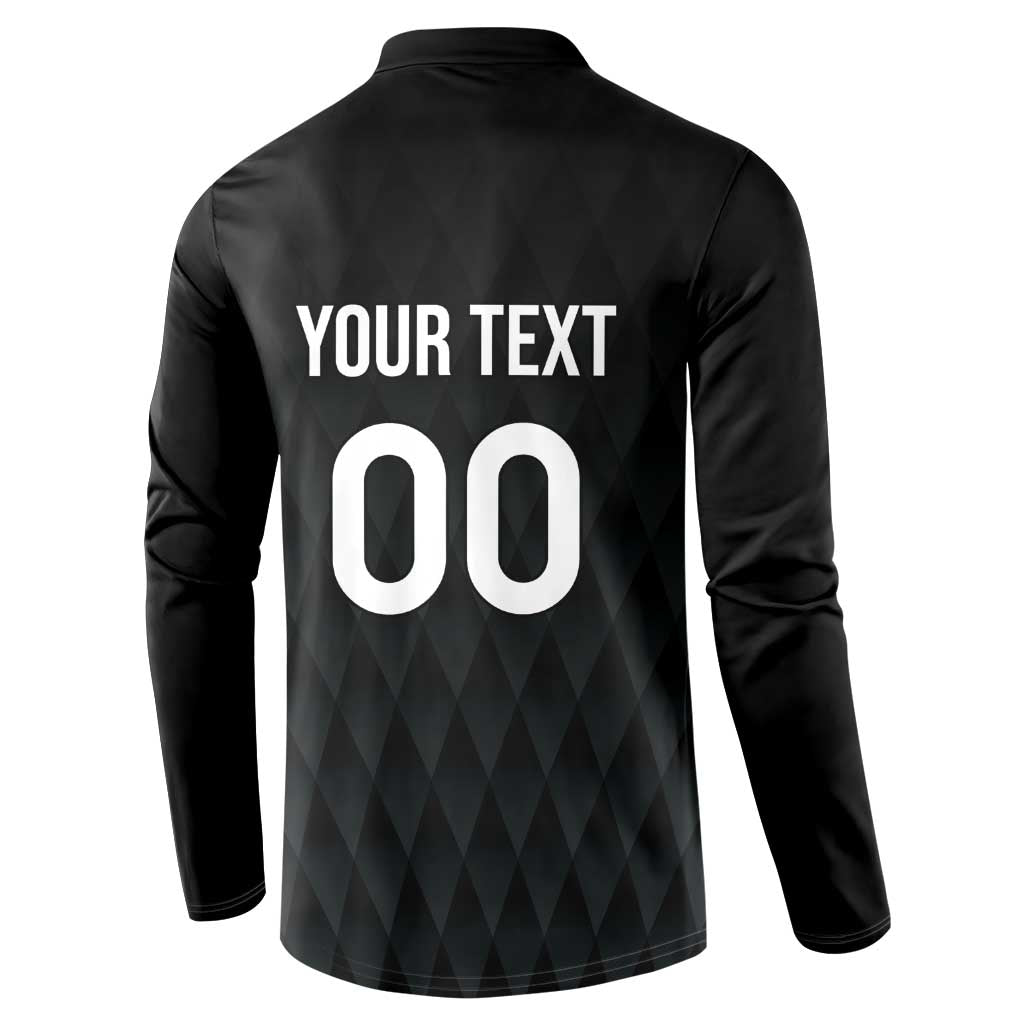 Black rugby button sweatshirt with 'YOUR TEXT 00' graphic on back