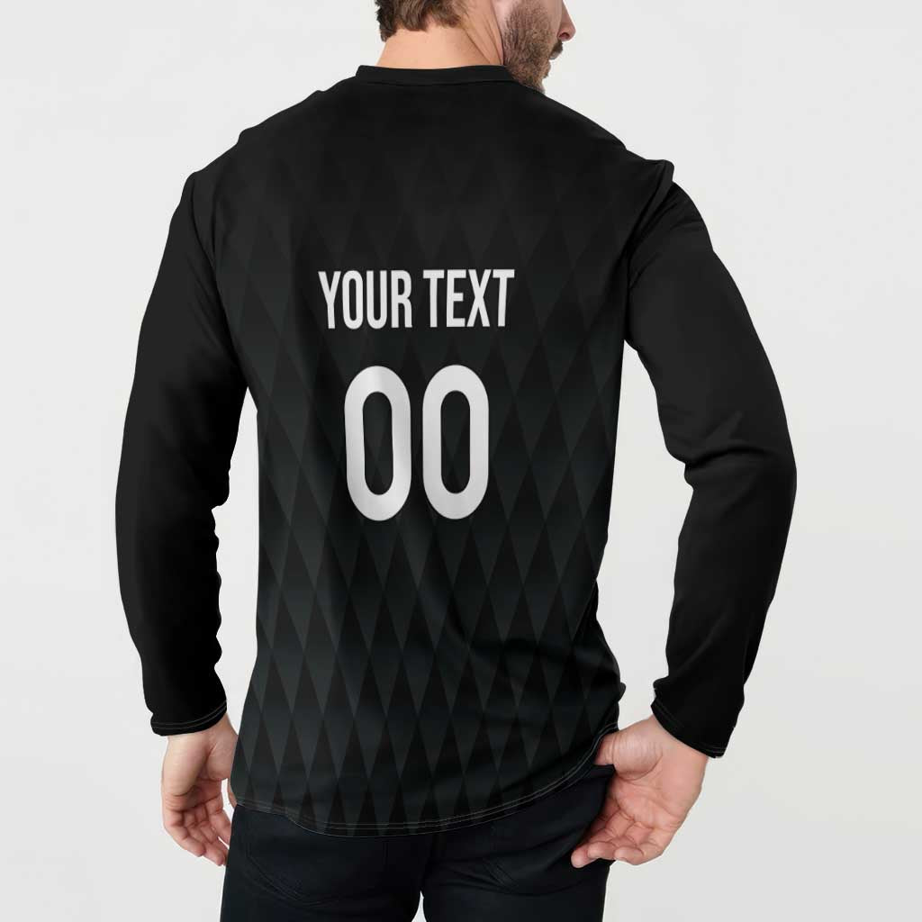 Black rugby button sweatshirt back view with 'YOUR TEXT 00' large print