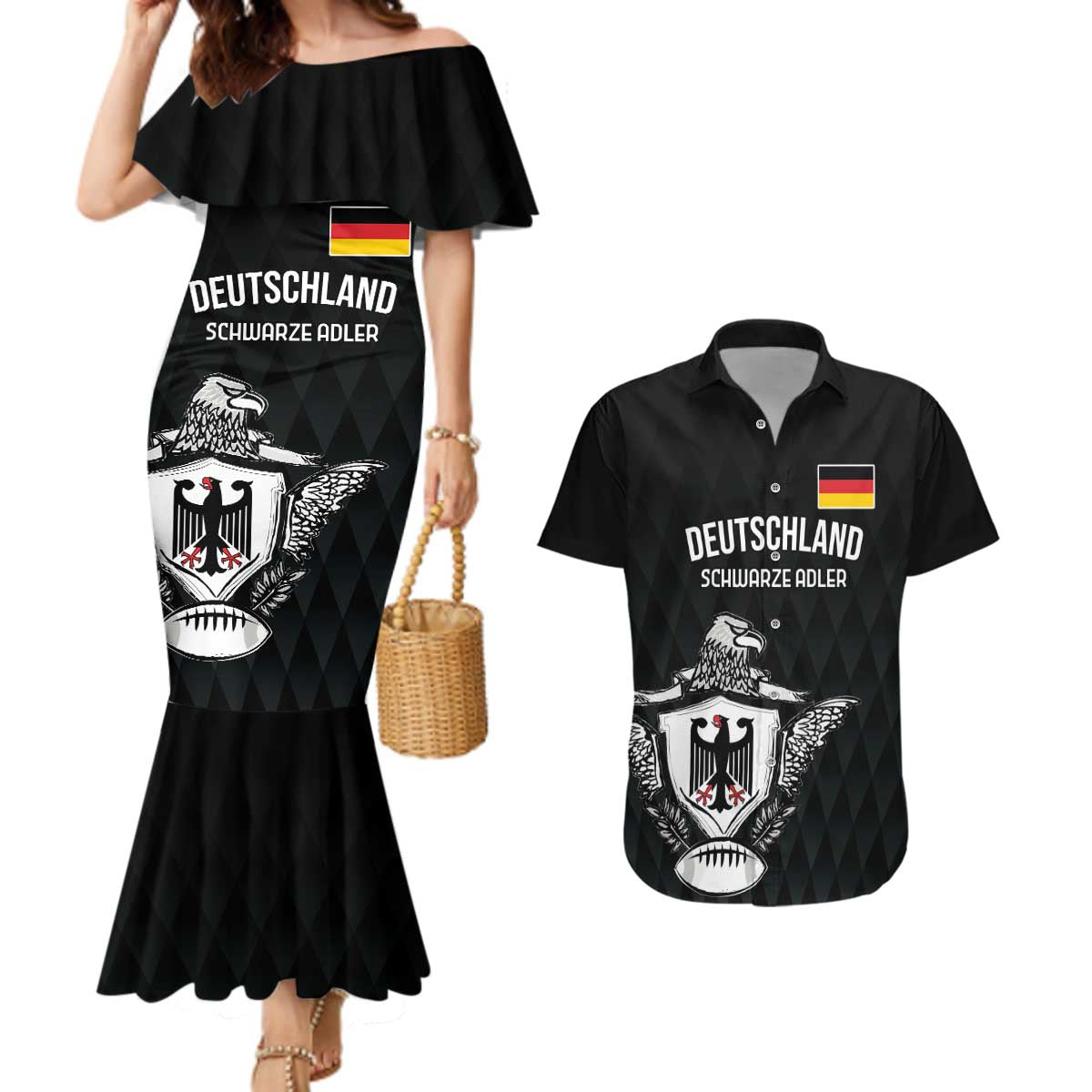 Custom Germany Rugby Couples Matching Mermaid Dress and Hawaiian Shirt Black Eagles Special Style