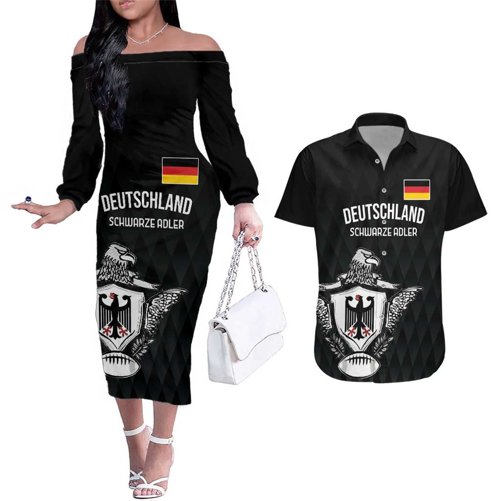 Custom Germany Rugby Couples Matching Off The Shoulder Long Sleeve Dress and Hawaiian Shirt Black Eagles Special Style