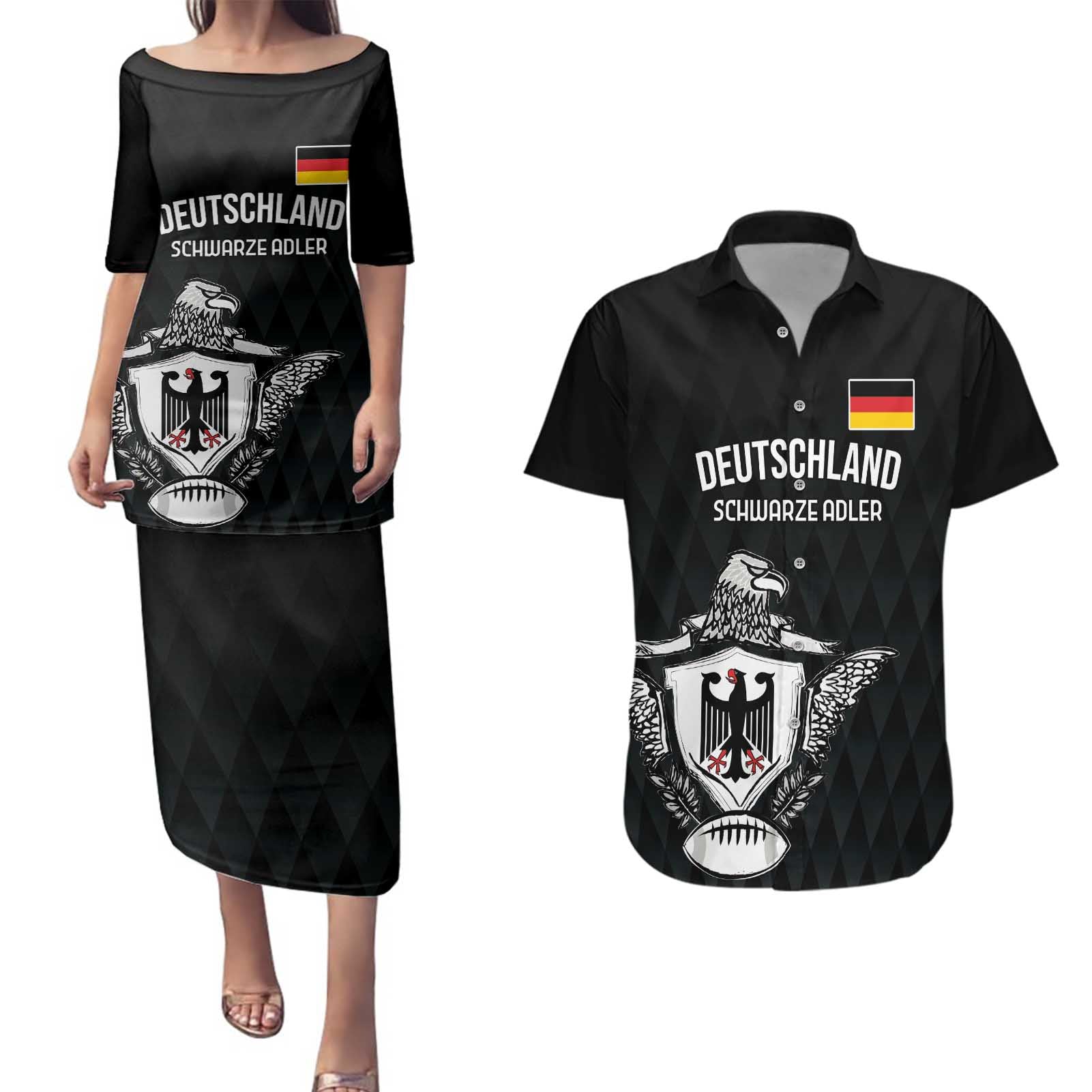 Custom Germany Rugby Couples Matching Puletasi and Hawaiian Shirt Black Eagles Special Style