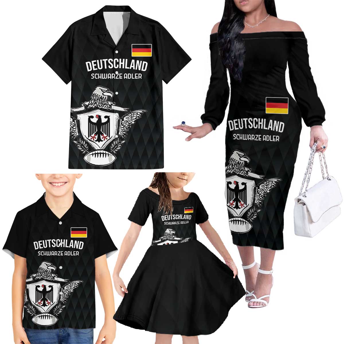 Custom Germany Rugby Family Matching Off The Shoulder Long Sleeve Dress and Hawaiian Shirt Black Eagles Special Style