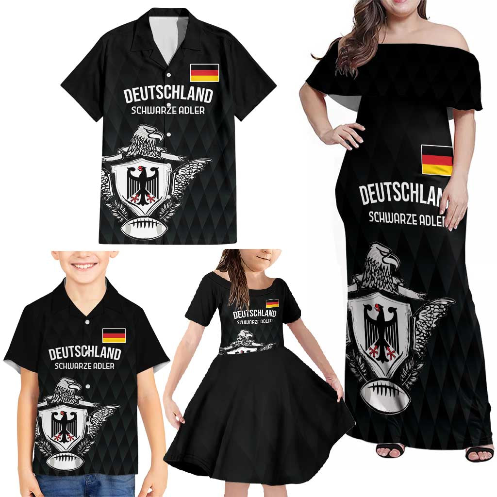 Custom Germany Rugby Family Matching Off Shoulder Maxi Dress and Hawaiian Shirt Black Eagles Special Style