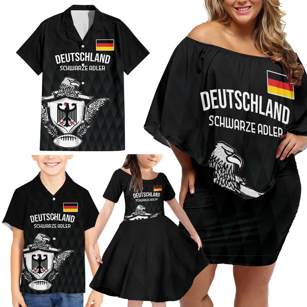 Custom Germany Rugby Family Matching Off Shoulder Short Dress and Hawaiian Shirt Black Eagles Special Style