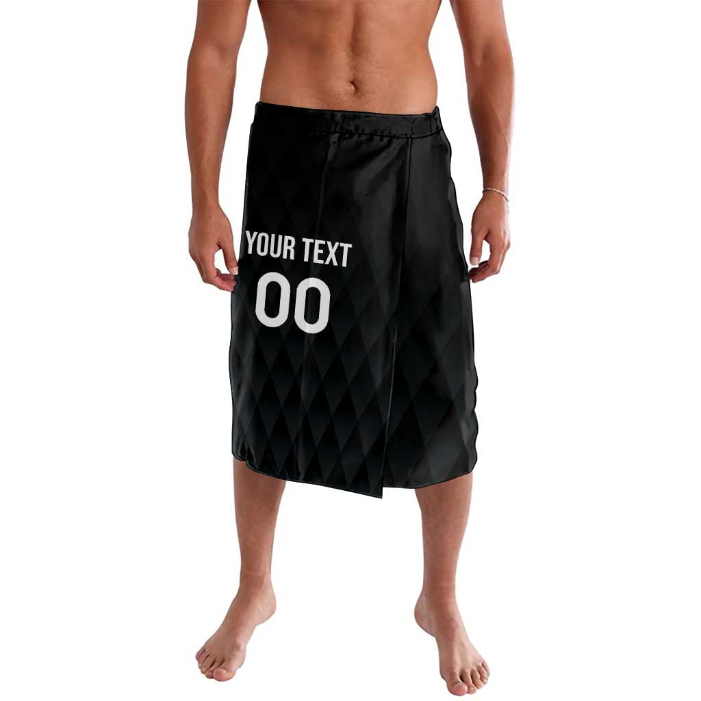Black rugby-style skirt shorts with custom text and number 00, geometric pattern