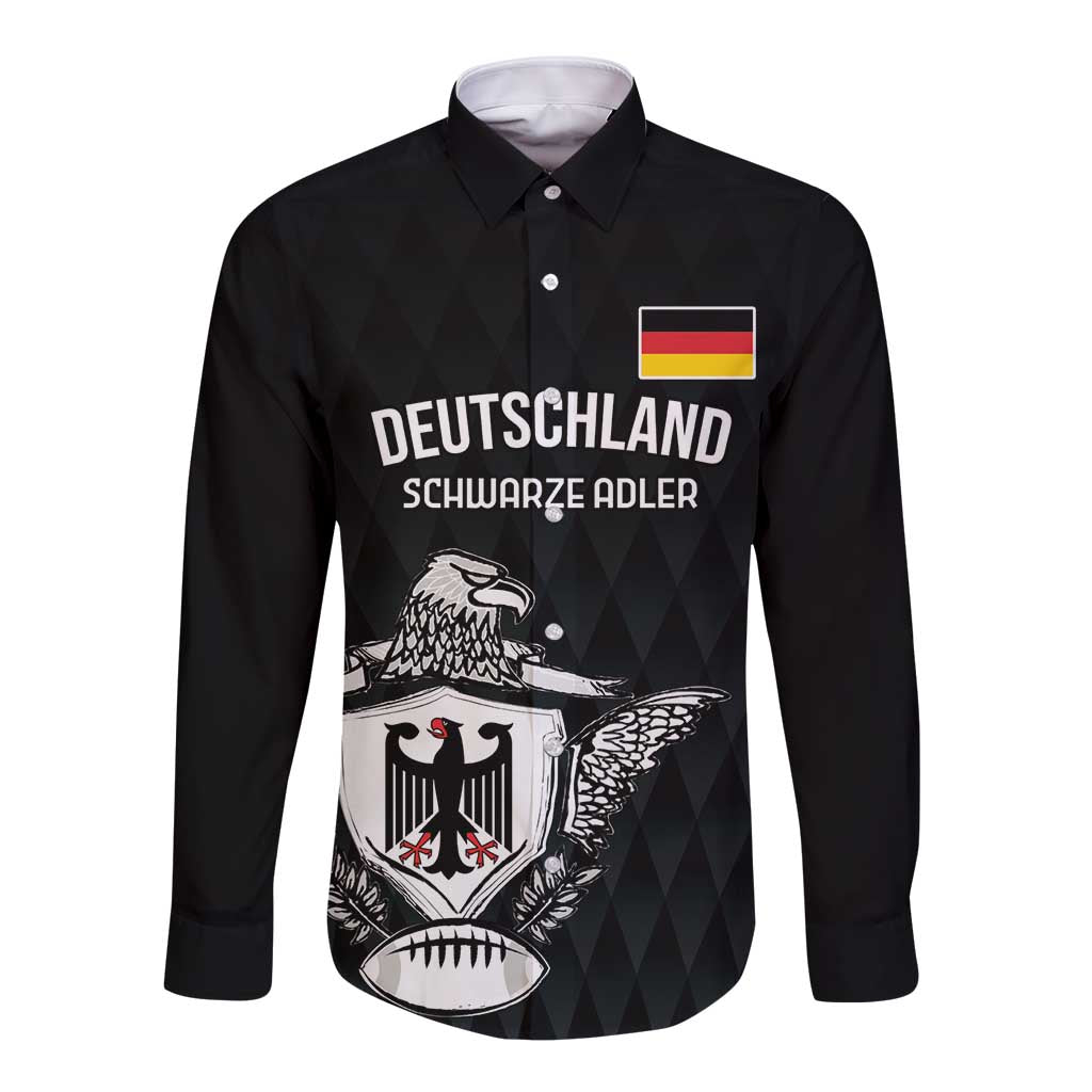 Black long-sleeve rugby button shirt with Germany flag, 'DEUTSCHLAND' and eagle crest
