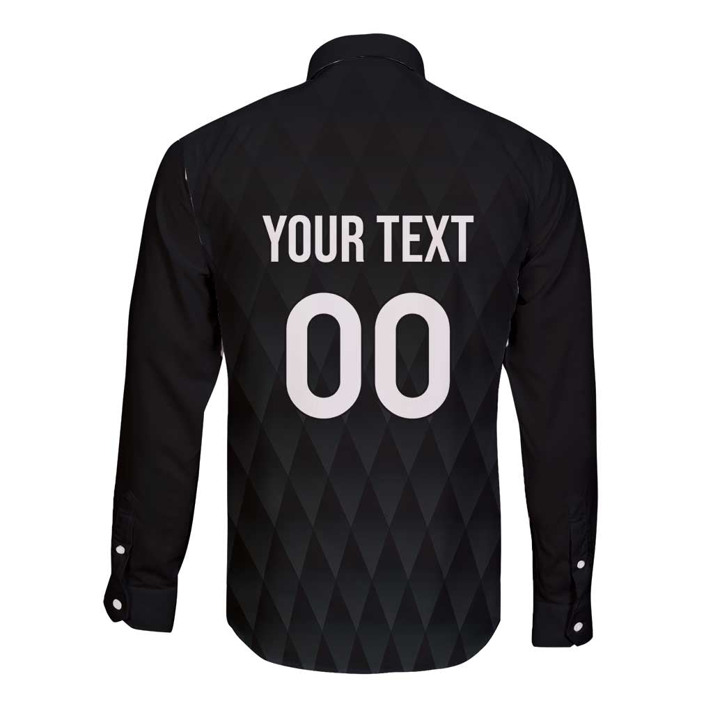 Black long-sleeve rugby button shirt, back print with '00' and 'YOUR TEXT'