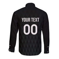 Black long-sleeve rugby button shirt, back print with '00' and 'YOUR TEXT'