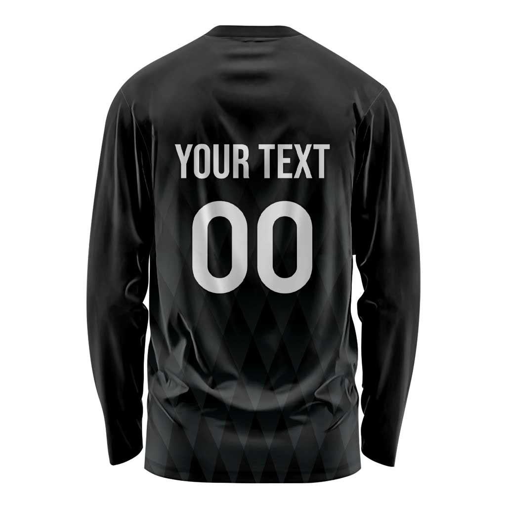 Black long-sleeve rugby shirt with custom text YOUR TEXT and large number 00 on back