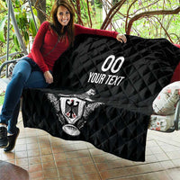 Black quilted throw blanket with diamond pattern and eagle crest design with “YOUR TEXT”