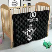 Black quilted blanket for bed with diamond pattern and eagle crest graphic
