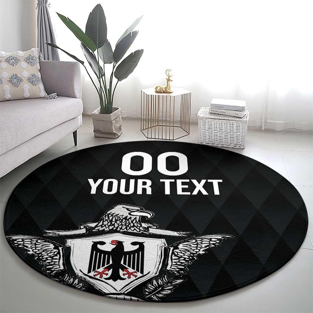 Round black rug with eagle crest and 'OO YOUR TEXT' text, full view