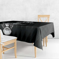 Black rugby tablecloth corner drape with rugby ball crest graphic