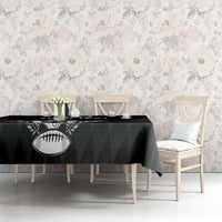 Black rugby tablecloth with rugby ball emblem and matching printed border