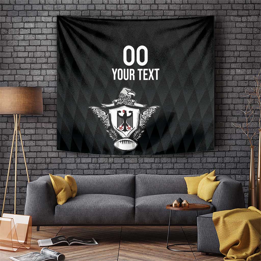 Black rugby tapestry with centered eagle emblem and '00 YOUR TEXT' lettering