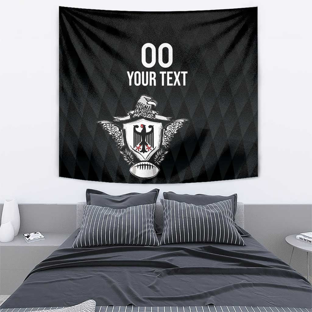 Black rugby tapestry with eagle crest motif and '00 YOUR TEXT' design