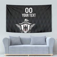 Black rugby tapestry featuring eagle crest emblem and '00 YOUR TEXT' text