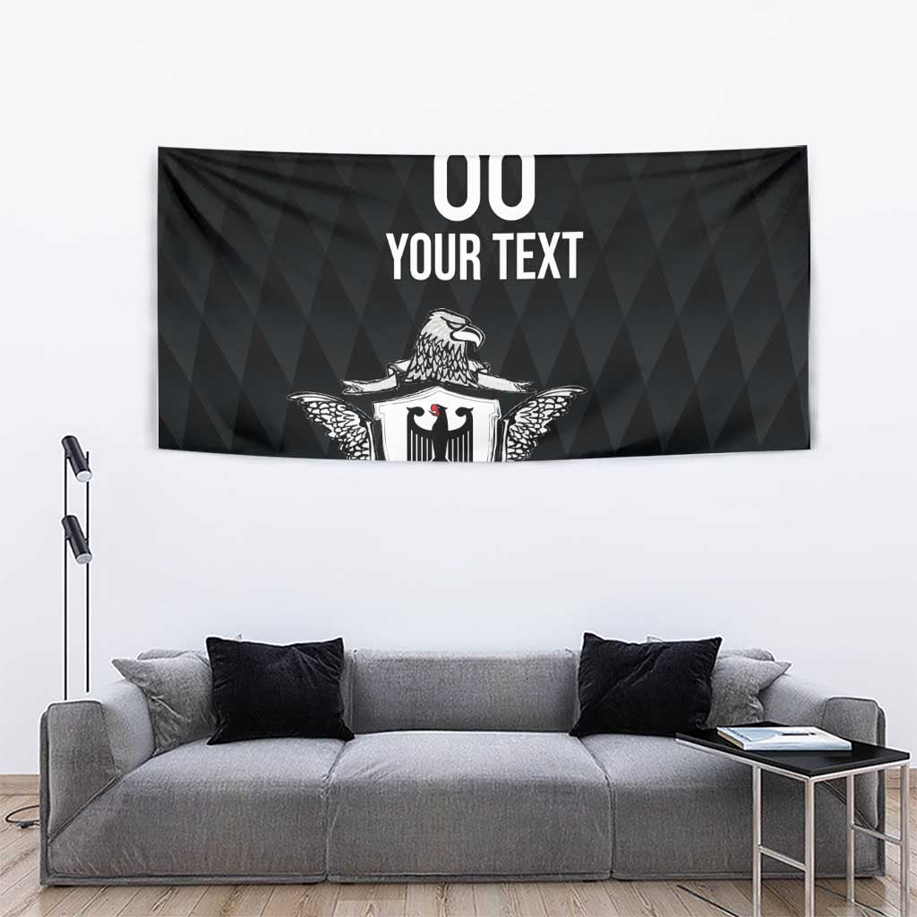 Black rugby tapestry with large eagle crest and '00 YOUR TEXT' header