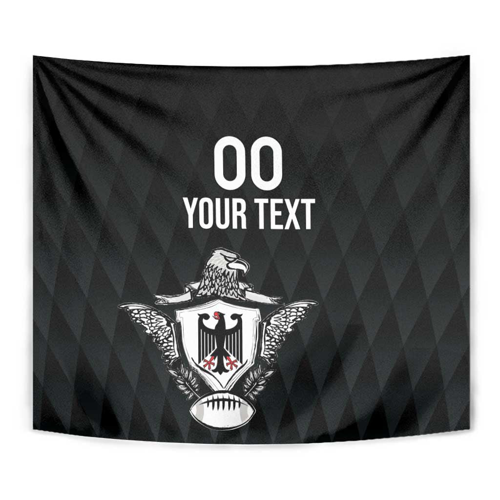 Black rugby tapestry close-up of eagle crest shield with '00 YOUR TEXT'