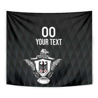 Black rugby tapestry close-up of eagle crest shield with '00 YOUR TEXT'