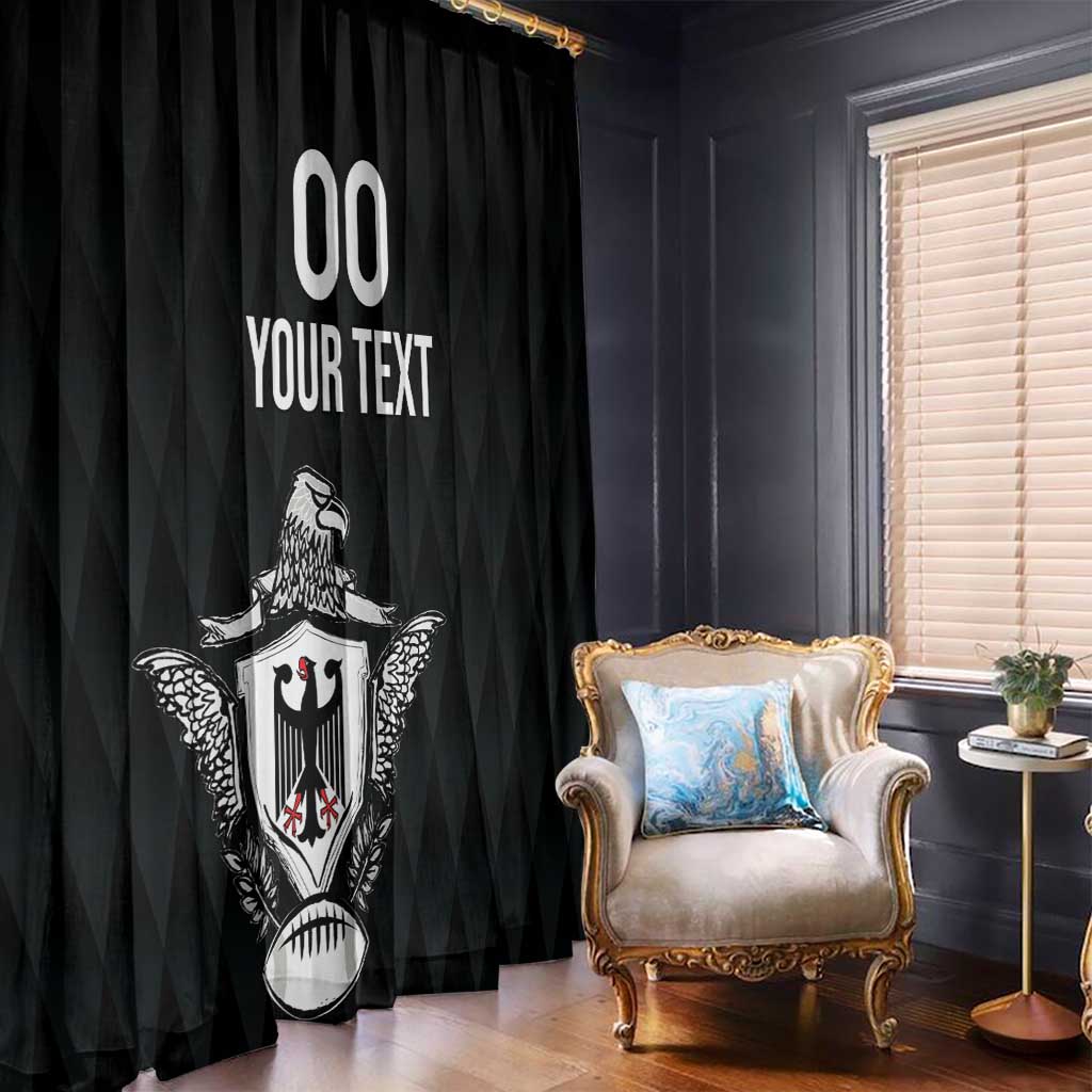 Black window curtains with eagle crest emblem and custom text, framed by a tall chair.