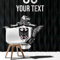 Black window curtain panel with eagle crest graphic and custom text styling.