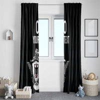 Black curtain pair with eagle crest graphic and custom text, hanging in a doorway window.