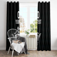 Black curtains with eagle crest print and custom text panels, hung across a window.