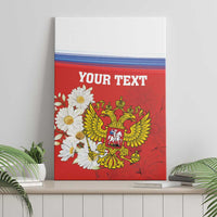 Red canvas wall art showing coat of arms eagle, white daisies, and blue stripe; your text.